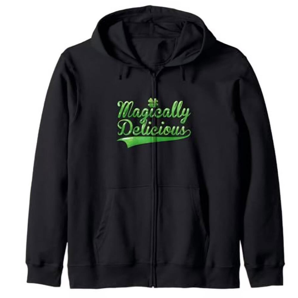 Magically Delicious Black Zip-up Hoodie, Size S, St Parrick's Day Irish Fun